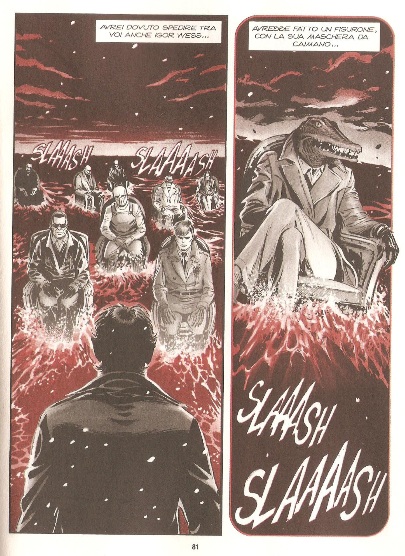 Morgan contro il Caimano Morgan contro il Caimano<br>Tavola di Giuseppe Liotti, pag.81<br><i>(c) 2016 Sergio Bonelli editore</i>